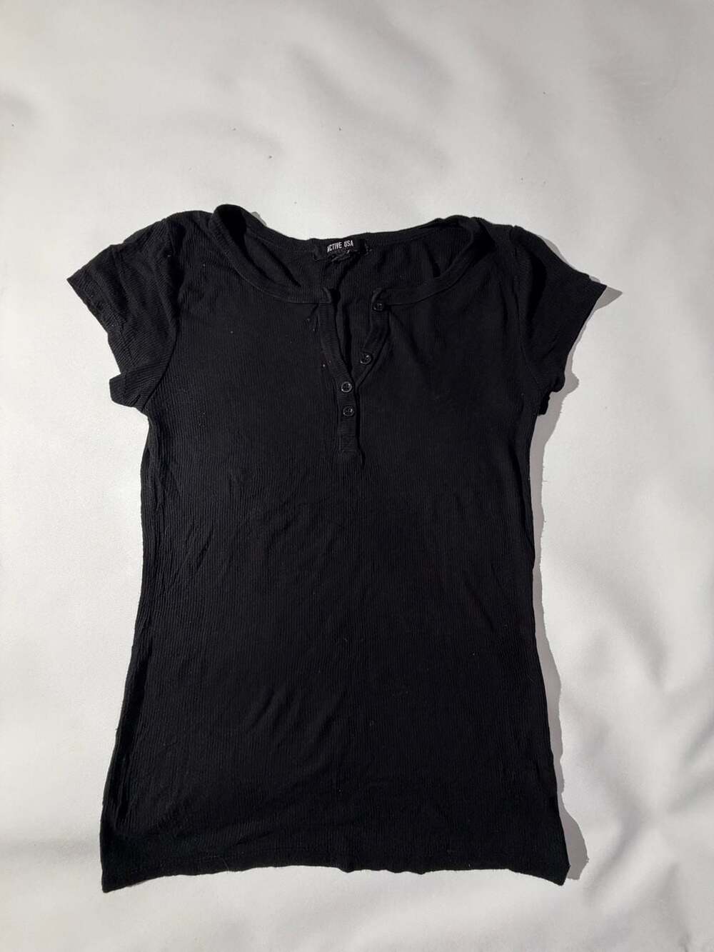Active USA Womens Small Black Ribbed Henley Short Sleeve Top
